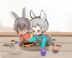  2boys animal_ears baby blush brown_eyes bunny_ears bunny_tail eyebrows_visible_through_hair full_body grey_hair highres male_focus multiple_boys original overalls playing shirokujira sketch smile tail toy 