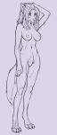  2019 anthro breasts canid canine canis digitigrade female hair hand_on_head hi_res lord_magicpants mammal monochrome navel nipples pussy simple_background snout solo standing wolf 