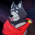  2019 adastra amicus_(adastra) anthro black_fur blep blue_eyes bottomwear canid canine canis clothing countershading eyebrows fur grey_fur jewelry looking_at_viewer male mammal multicolored_fur musclegut muscular muscular_male nebula nipples piercing raised_eyebrow seachord solo space star tongue tongue_out two_tone_fur wolf 