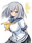  1girl arms_behind_back blue_eyes breasts commentary_request cowboy_shot eyes_visible_through_hair grey_skirt hair_ornament hair_over_one_eye hairclip hamakaze_(kantai_collection) highres kantai_collection large_breasts looking_at_viewer mizunoe_kotaru neckerchief pleated_skirt school_uniform serafuku short_hair short_sleeves silver_hair simple_background skirt smile solo standing white_background yellow_neckwear 