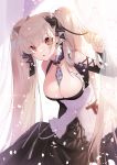  1girl apple_caramel azur_lane bangs bare_shoulders between_breasts black_dress blonde_hair blush breasts cleavage dress earrings eyebrows_visible_through_hair formidable_(azur_lane) frilled_dress frills hair_ornament hair_ribbon hand_up highres jewelry large_breasts leaning_forward long_hair long_sleeves looking_at_viewer open_mouth red_eyes ribbon skindentation solo twintails 