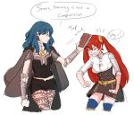  2girls blue_eyes blue_hair byleth_(fire_emblem) byleth_(fire_emblem)_(female) cape dashingicecream english_text fire_emblem fire_emblem:_three_houses fire_emblem_awakening garreg_mach_monastery_uniform long_hair long_sleeves medium_hair multiple_girls open_mouth pantyhose red_hair severa_(fire_emblem) simple_background twintails uniform 