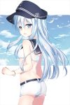  1girl alternate_costume ass belt black_belt black_serafuku blue_sky blush cloud eyebrows_visible_through_hair flat_cap hair_between_eyes hat hibiki_(kantai_collection) hikobae kantai_collection long_hair looking_at_viewer open_mouth school_uniform serafuku short_shorts shorts silver_hair sky solo thighs 