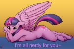  absurd_res anthro anthrofied areola bedroom_eyes blush breasts equid feathered_wings feathers female friendship_is_magic hair half-closed_eyes hi_res horn looking_at_viewer lying mammal mr.smile multicolored_hair my_little_pony nipples on_front puffy_areola purple_eyes seductive simple_background solo text twilight_sparkle_(mlp) winged_unicorn wings 