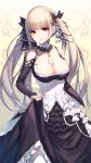  1girl akanagi_youto azur_lane bangs bare_shoulders between_breasts black_dress black_ribbon blonde_hair blush breasts bridal_gauntlets cleavage collarbone commentary_request cowboy_shot detached_sleeves dress earrings eyebrows_visible_through_hair formidable_(azur_lane) frilled_dress frills hair_ornament hair_ribbon highres jewelry large_breasts long_hair long_sleeves looking_at_viewer pantyhose parted_lips petticoat red_eyes ribbon sidelocks skirt_hold smile solo standing stud_earrings twintails very_long_hair white_legwear 