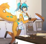  2019 4_toes 5_fingers anthro barefoot black_nose blue_hair breasts canid canine clothed clothing digital_media_(artwork) female fingers fur hair here-kitty--kitty hi_res mammal open_mouth solo standing striped_fur stripes teeth toes tongue 