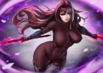  1girl absurdres breasts dandon_fuga fate/grand_order fate_(series) gae_bolg gloves glowing glowing_weapon highres large_breasts long_hair looking_at_viewer nipples nude paid_reward patreon_reward polearm purple_hair pussy red_eyes scathach_(fate)_(all) scathach_(fate/grand_order) see-through shiny shiny_skin solo spear thighhighs toned uncensored weapon 