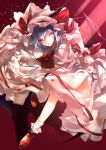  1girl ascot bat_wings blue_hair bow dress hat hat_bow hat_ribbon highres light_rays looking_at_viewer mob_cap parted_lips pointy_ears red_background red_bow red_eyes red_footwear red_neckwear red_ribbon remilia_scarlet ribbon sakusyo shadow shoes short_hair socks solo touhou white_dress white_headwear white_legwear wings wrist_cuffs 