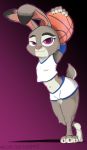  anthro barefoot basketball breasts clothed clothing disney female fur grey_fur hi_res holding_object judy_hopps lagomorph looking_at_viewer mammal marthasays midriff navel purple_eyes simple_background small_breasts solo standing zootopia 