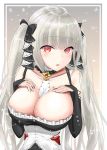 1girl absurdres agus0970492210 azur_lane bangs bare_shoulders between_breasts black_dress blush breast_suppress breasts cleavage dress earrings eyebrows_visible_through_hair formidable_(azur_lane) frilled_dress frills grey_hair hair_ornament hair_ribbon highres jewelry large_breasts long_hair long_sleeves looking_at_viewer open_mouth red_eyes ribbon solo twintails 