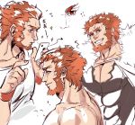  1boy ? abs bara beard blush bracelet bursting_pecs chest collage expressions facial_hair fate/grand_order fate_(series) holding holding_phone jewelry kuuuuu_99 looking_at_viewer male_focus muscle open_clothes phone rider_(fate/zero) shirt sketch solo teeth topless translation_request white_background white_shirt 