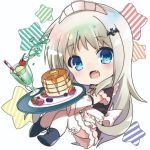  1girl alternate_costume apron axopwx7126 black_dress blue_eyes chibi commentary_request dress drink fang food frilled_apron frills full_body little_busters! long_hair looking_at_viewer maid_headdress noumi_kudryavka pancake silver_hair simple_background solo spill star tray waitress white_apron white_background 