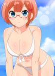  1girl absurdres bikini blue_eyes blue_sky blush bokutachi_wa_benkyou_ga_dekinai bow breasts cleavage day glasses hair_bow highres large_breasts lens_flare navel ogata_rizu orange_hair poa_mellhen red-framed_eyewear red_bow shiny shiny_skin short_hair sky sunlight swimsuit white_bikini 