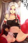  1girl arm_support black_panties blurry blurry_background breasts cape clothes_removed edelgard_von_hresvelg esther fire_emblem fire_emblem:_three_houses hair_ribbon lavender_eyes long_hair looking_at_viewer navel off_shoulder panties red_legwear ribbon silver_hair sitting solo spread_legs stomach thighhighs underwear 