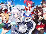  6+girls :d :t akagi-chan_(azur_lane) animal_ears anniversary apron arm_up azur_lane bare_shoulders belchan_(azur_lane) belfast_(azur_lane) bell black_gloves black_headwear black_legwear black_skirt blonde_hair blue_eyes blue_hair blue_legwear blue_shirt blue_skirt blue_sky bow bowtie braid brown_legwear cape cloud collarbone commentary_request criss-cross_halter day detached_collar dress elbow_gloves extra_ears fingerless_gloves fox_ears fur_trim gloves gradient_hair hair_bow hair_ornament hair_ribbon hairclip halterneck hands_up haori hat hiei-chan_(azur_lane) holding holding_hair horns japanese_clothes jingle_bell kurot little_cleveland_(azur_lane) little_helena_(azur_lane) little_san_diego_(azur_lane) long_hair long_sleeves looking_at_viewer maid maid_apron maid_headdress miniskirt multicolored_hair multiple_girls navel nontraditional_miko off_shoulder one_side_up open_mouth orange_eyes outdoors pantyhose parted_lips peaked_cap pink_eyes pleated_dress pleated_skirt pout red_eyes red_hair red_skirt ribbon shirt shoes short_hair short_sleeves side_ponytail silver_hair skirt sky sleeveless sleeveless_shirt smile star star_print tears thighband_pantyhose thighhighs twintails uniform v waist_apron white_cape white_gloves white_hair white_shirt white_skirt wide_sleeves younger zeppelin-chan_(azur_lane) zettai_ryouiki 