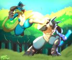  2019 day detailed_background digital_media_(artwork) duo forest grass lucario nintendo open_mouth outside pok&eacute;mon pok&eacute;mon_(species) sky standing tattoorexy teeth tongue tree video_games 