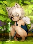  1boy :&gt; animal_ears barefoot brown_eyes cat_ears cat_tail catboy eyebrows_visible_through_hair fang grey_hair highres hose looking_at_viewer male_focus one-piece_swimsuit original school_swimsuit shirokujira squatting swimsuit tail 