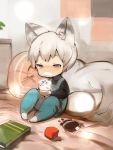  1boy animal_ears blush book brown_eyes foam fox fox_boy fox_ears fox_tail full_body highres hot_chocolate male_focus original overalls shirokujira silver_hair socks sweater tail 