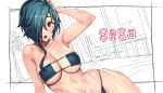  1girl arm_up armpits bikini black_bikini breasts brown_eyes cleavage dated dutch_angle eyepatch_bikini green_hair hair_over_one_eye indoors large_breasts looking_at_viewer lying navel sengoku_collection short_hair solo strapless strapless_bikini sugitani_zenjubou_(sengoku_collection) sweat swimsuit tenchisouha 