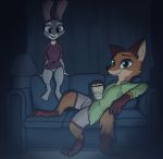  canid canine clothing disney duo enginetrap female food fox judy_hopps lagomorph leporid light male mammal nick_wilde popcorn rabbit reclining smile sofa underwear zootopia 