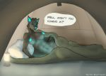  2019 anthro aurora_(lufty) bioluminescence black_fur breasts camping canid canine canis digital_media_(artwork) english_text female fur glowing hi_res looking_at_viewer lufty mammal nipples nude sleeping_bag smile solo tent text wolf 