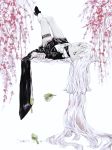  1girl bangs bird black_footwear commentary_request flower flower_request highres leg_garter long_hair looking_at_viewer lying on_back original red_flower shirone_(coxo_ii) solo white_background white_eyes white_hair 