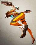  1girl bodysuit bomber_jacket brown_jacket commentary_request dual_wielding from_below full_body gloves goggles grey_background gun harness highres holding jacket leather leather_jacket looking_down machine_pistol orange-tinted_eyewear orange_bodysuit overwatch pants shoes sneakers solo tight tight_pants tracer_(overwatch) weapon yoshimura_ken&#039;ichirou 