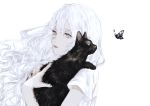  1girl animal bangs black_cat bug butterfly cat highres holding holding_animal holding_cat insect long_hair looking_at_viewer original shirone_(coxo_ii) shirt short_sleeves simple_background solo upper_body white_background white_eyes white_hair white_shirt 