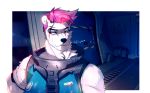  2016 alternate_species anthro anthrofied armor black_nose blizzard_entertainment eyelashes female fur furrification green_eyes hi_res illustration mammal muscular muscular_female overwatch polar_bear scar solo sylviajo ursid ursine video_games white_fur zarya_(overwatch) 