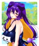  1girl bangs bare_shoulders blonde_hair bombergirl breasts cleavage colored_inner_hair eyebrows_visible_through_hair furrowed_brow hair_between_eyes hair_ornament large_breasts long_hair multicolored_hair name_tag nnmi11 one-piece_swimsuit open_mouth prune_(bombergirl) purple_hair school_swimsuit solo swimsuit two-tone_hair very_long_hair yellow_eyes 