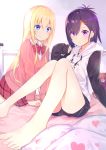  2girls absurdres bare_legs barefoot blazer blonde_hair blue_eyes blush commentary_request expressionless feet gabriel_dropout hair_ornament hairclip heart heart_print highres hood hoodie indoors jacket kerun knees_up long_hair looking_at_viewer medium_hair multiple_girls on_bed purple_eyes purple_hair red_skirt shirt skirt smile tenma_gabriel_white tsukinose_vignette_april very_long_hair white_shirt 