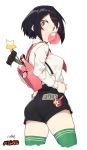  1girl absurdres ass backpack bag black_hair blood bloody_weapon bubble_blowing character_name chewing_gum cloba cropped_legs hair_ornament hairclip hammer hands_on_hips highres kunio-kun_series looking_at_viewer looking_back misako_(kunio-kun) necktie profanity river_city_girls short_hair short_shorts shorts simple_background solo wand weapon 