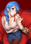  1girl arm_under_breasts bangs blue_hair blue_skirt blush bra bra_strap breast_hold breasts brown_legwear chair cleavage collarbone crossed_bangs crossed_legs earrings eyebrows_visible_through_hair food from_above green_earrings grey_sweater hair_between_eyes head_tilt holding holding_food jewelry large_breasts long_hair looking_at_viewer minori_(sugarbeat) nail_polish o-ring off-shoulder_sweater off_shoulder original pantyhose parted_lips pencil_skirt pink_nails pocky red_background red_bra sidelocks sitting skirt solo stud_earrings sugarbeat sweater underwear valentine wavy_hair 