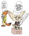  beverage bibio box canid canine dialogue disney drinking duo english_text fennec finnick fox male mammal nick_wilde oibib text zootopia 