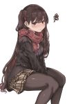  1girl absurdres bangs between_legs black_legwear blush breasts closed_mouth eyebrows_visible_through_hair girls_frontline hair_ornament hair_ribbon half_updo hand_between_legs highres kintsuba long_hair long_sleeves one_side_up pantyhose pleated_skirt purple_hair red_eyes red_scarf ribbon scarf simple_background sitting skirt solo squiggle wa2000_(girls_frontline) white_background 