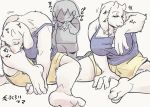  alternate_costume anthro boss_monster bottomwear bovid caprine clothing eyes_closed female fur goat human japanese_text mammal personal_grooming protagonist_(undertale) shirt shorts tank_top text tomato_(artist) topwear toriel undertale video_games white_fur 