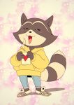  &lt;3 :3 anthro better_version_at_source blush bottomwear chillhop_raccoon clothed clothing cup female fox-pop fully_clothed hi_res hoodie jeans mammal open_mouth pants procyonid raccoon smile sneakers solo steam topwear 