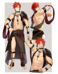  1boy abs alternate_costume arm_behind_head black_shorts brown_footwear choker dancing fire_emblem fire_emblem:_three_houses hand_on_hip highres male_focus male_pubic_hair navel nipples pubic_hair red_hair sandals sash see-through short_shorts shorts single_pauldron solo sylvain_jose_gautier yellow_eyes zhineart 