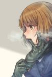  1girl bangs blush brown_hair girls_und_panzer glove_in_mouth gloves long_sleeves mouth_hold nishizumi_miho ooarai_military_uniform short_hair simple_background solo totonii_(totogoya) 