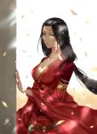  1girl ayou_(kuma) black_hair breasts brown_eyes character_request cleavage dress forehead_tattoo gu_jian_qi_tan highres large_breasts long_hair long_sleeves low_ponytail o-ring petals red_dress simple_background solo standing very_long_hair white_background wide_sleeves 