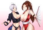  2girls ahoge angel_(kof) bangs bare_shoulders black_jacket blue_eyes breasts brown_eyes brown_hair cleavage collarbone commentary_request cropped_jacket eyebrows_visible_through_hair fan fatal_fury fingerless_gloves gloves gradient gradient_background hair_over_one_eye hand_up highres holding jacket large_breasts lips long_hair looking_at_viewer midriff multiple_girls navel nyatokanyaru one_eye_closed open_mouth parted_lips pelvic_curtain pink_background ponytail shiny shiny_hair shiny_skin shiranui_mai short_hair simple_background sleeves_rolled_up smile stomach the_king_of_fighters tied_hair white_hair 