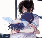  2girls bangs black_hair blue_eyes blue_hair hibike!_euphonium hug kasaki_nozomi liz_to_aoi_tori long_hair multiple_girls ponytail sailor_collar school_uniform short_sleeves watch window wings yoroizuka_mizore yuri yuuyu_(777) 