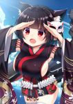  1girl :o agung_syaeful_anwar animal_ear_fluff animal_ears arms_up azur_lane bangs bell black_hair black_kimono blue_sky blush breasts cat_ears cat_mask cloud commentary_request day eyebrows_visible_through_hair fang floral_print japanese_clothes jingle_bell kimono large_breasts long_sleeves looking_at_viewer mask mask_on_head open_mouth outdoors red_eyes shading_eyes short_hair short_kimono sideboob skindentation sky solo thighhighs white_legwear wide_sleeves yamashiro_(azur_lane) 