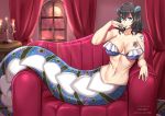  1girl arm_up black_hair bloodstained:_ritual_of_the_night blue_eyes bottomless breast_tattoo breasts candle cleavage couch curtains dusk hair_ornament horns lace lamia large_breasts lying midriff miriam_(bloodstained) monster_girl monsterification moon pale_skin red-jet seductive_smile short_hair smile snake snake_tail table tail tattoo window 