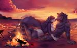  2017 abs absurd_res anthro beach biceps big_breasts breasts burr canid canine canis clothed clothing duo female fire fur hair hi_res male mammal muscular nude outside sea seaside simple_background sunset sylviajo water wolf 
