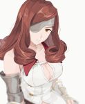  1girl armor beatrix_(ff9) breasts brown_eyes brown_hair cleavage cleavage_cutout curly_hair dress eyepatch final_fantasy final_fantasy_ix gloves head_tilt highres large_breasts long_hair looking_at_viewer solo white_background white_dress white_gloves yawai_tofu 