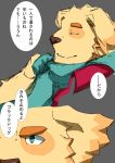  anthro bird_dog canid canine canis clothed clothing cromren cu_sith_(tas) domestic_dog eyes_closed fur golden_retriever green_eyes grey_background hunting_dog japanese_text male mammal retriever scarf simple_background solo text tokyo_afterschool_summoners translation_request video_games yellow_fur 