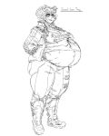  2019 anthro belly big_belly black_and_white boots bottomwear breasts butt cleavage clothed clothing english_text female footwear giant_panda grindavikbydaylight hair hands_in_pockets jacket mammal midriff monochrome navel outie pants pockets pregnant shirt short_hair simple_background sketch solo standing text topwear ursid 