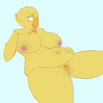  1:1 anthro anthrofied avian beak belly bird blue_eyes breasts chica_(fnaf) chicken feathers female five_nights_at_freddy&#039;s galliform gallus_(genus) garuda_six hi_res navel nipples non-mammal_breasts nude overweight overweight_female phasianid pussy simple_background solo video_games yellow_feathers 