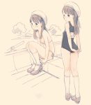  2girls arms_behind_back ass bangs beret bikini black_swimsuit blue_bikini blush breasts brown_background brown_eyes brown_footwear brown_hair closed_mouth cloud eyebrows_visible_through_hair grey_legwear hat kneehighs knees_up kokudou_juunigou long_hair multiple_girls name_tag one-piece_swimsuit original outdoors rowboat school_swimsuit shoes side-tie_bikini sitting skindentation small_breasts standing swimsuit water white_headwear 